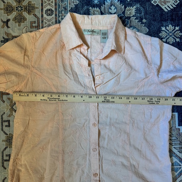 Angelique Pink Embroidered Floral Button Down Short Sleeve Shirt 100% Cotton L - Picture 6 of 10